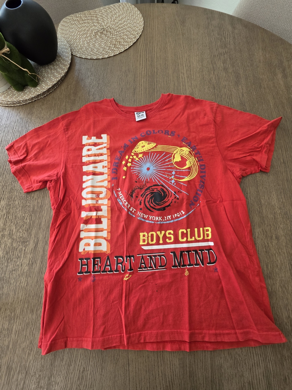 Billionaire Boys Club Red Graphic Tee with Yellow & Blue Accents